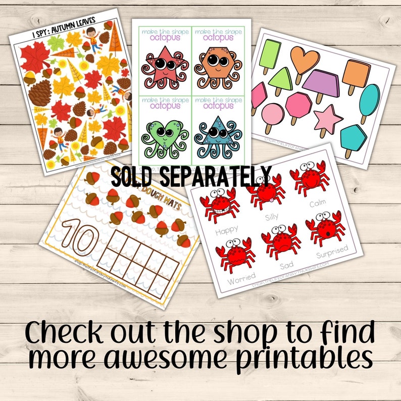 May include: A set of printable educational worksheets for kids. The worksheets feature a variety of themes, including autumn leaves, dough mats, and ocean animals. The worksheets are designed to help children learn about different shapes, colors, and numbers. The text on the worksheets includes "I Spy: Autumn Leaves", "Dough Mats", "Make the shape octopus", "Sold Separately", and "Check out the shop to find more awesome printables".