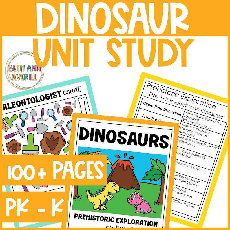 May include: A colourful printable pack for teaching preschool and kindergarten children about dinosaurs. The pack includes over 100 pages of activities, games, and worksheets. The cover features a cartoon dinosaur with a volcano and palm trees in the background.