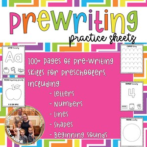 May include: A pink and white printable worksheet with the text "Prewriting practice sheets" in a colorful font. The worksheet includes 100+ pages of pre-writing skills for preschoolers, including letters, numbers, lines, shapes, and beginning sounds. The worksheet features examples of tracing letters, numbers, and shapes.
