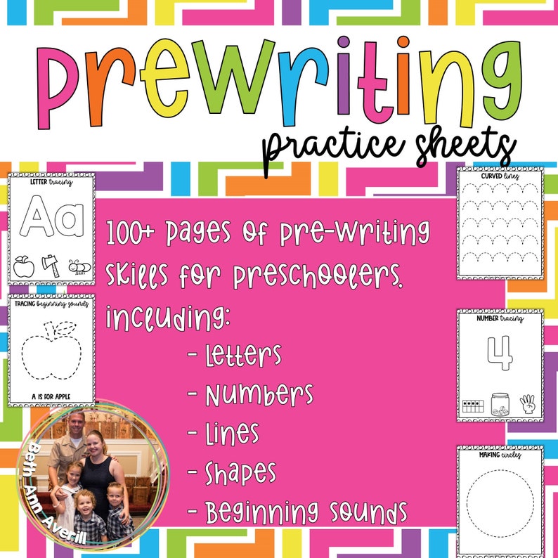 May include: A pink and white printable worksheet with the text "Prewriting practice sheets" in a colorful font. The worksheet includes 100+ pages of pre-writing skills for preschoolers, including letters, numbers, lines, shapes, and beginning sounds. The worksheet features examples of tracing letters, numbers, and shapes.