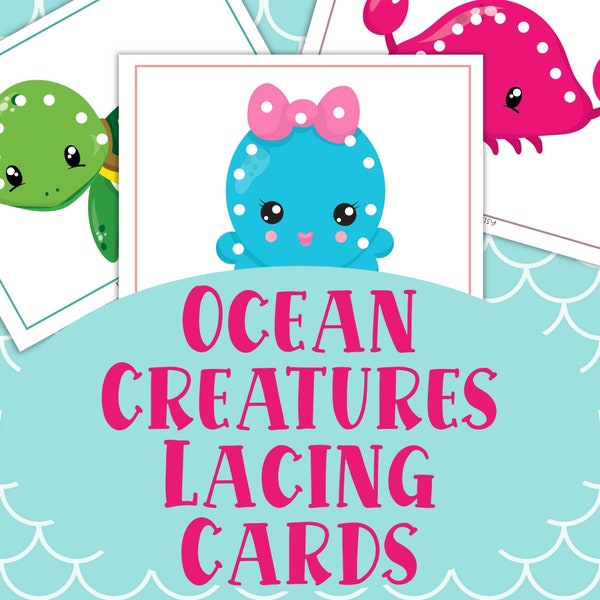 Ocean Creatures Lacing Cards, Spring Summer Fine Motor Skills