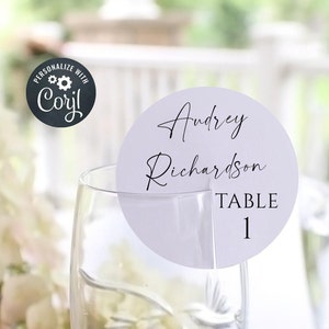 Modèle de marque-place champagne script minimaliste, cartes de visite rondes imprimables, cartes de table en verre à vin modernes modifiables, téléchargement immédiat #MW2