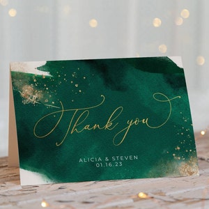 Smaragd Aquarell Hochzeit Danke-Karten-Vorlage, druckbare Danksagung Jägergrün & Gold, bearbeitbare gefaltet oder flach, Sofort-Download, #WC4