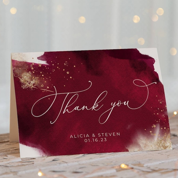 Burgundy Watercolor Wedding Thank You Card Template, Printable Maroon & Gold Thank You Note, Folded or Flat Thank You, Instant Download #WC2