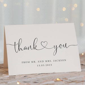 Plantilla de tarjeta de agradecimiento con corazones modernos, nota de agradecimiento imprimible, tarjetas de agradecimiento de boda editables, dobladas o planas, descarga instantánea, #HF
