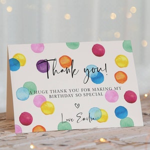 Modello di biglietto di ringraziamento per compleanno con pois arcobaleno, modello di biglietto di ringraziamento con pois acquerello stampabile, biglietto piatto o piegato modificabile, download immediato #RSB