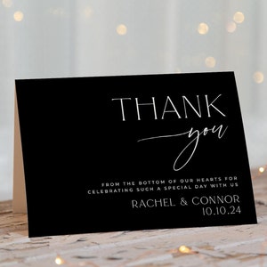 Plantilla clásica de tarjeta de agradecimiento para boda en negro, nota de agradecimiento elegante y moderna para imprimir, agradecimiento minimalista editable, descarga instantánea, #BW