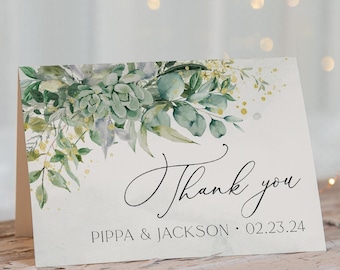 Greenery Thank You Card Template, Printable Botanical Eucalyptus Wedding Thank You, Editable Boho Folded Or Flat, Instant Download, #GW