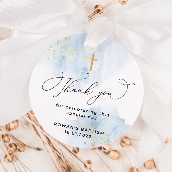 Round Blue & Gold Baptism Favor Tag Template, Printable Christening Gift Tags, Baby Light Blue Watercolor Baptism Tag, Instant Download #BB