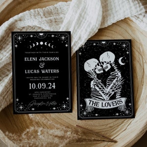 Modèle de faire-part de mariage carte de tarot, faire-part de mariage gothique Halloween imprimable, squelette modifiable l'invitation des amoureux, téléchargement immédiat #H9