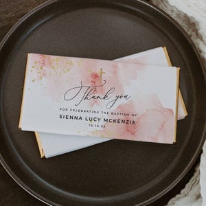 Blush Pink & Gold Baptism Chocolate Bar Wrapper Template, Printable Editable Watercolor Christening Candy Bar Label, Instant Download, #PB