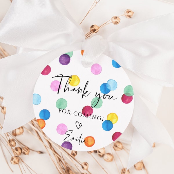 Round Watercolor Spots Party Favor Tag Template, Printable Thank You For Coming Gift Tag, Editable Rainbow Stickers, Instant Download, #RSB