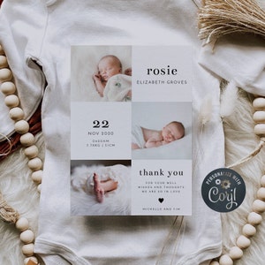 Simple Photo Birth Announcement Template, Printable Newborn Baby Birth Card, Minimalist Three Photo Baby Thank You Card, Instant Download