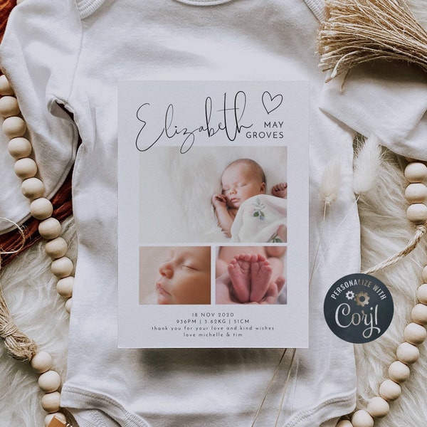 Einfaches Herz Geburtsankündigungskarte, druckbares Foto Neugeborenen Geburtsankündigungskarte, Minimalistisches Baby Danke, Sofort Download