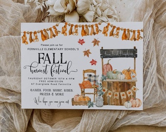 Fall Harvest Festival Invitation Template, Printable Fall Party Invite, Editable Rustic Autumn School Church Event Invite, Instant Download