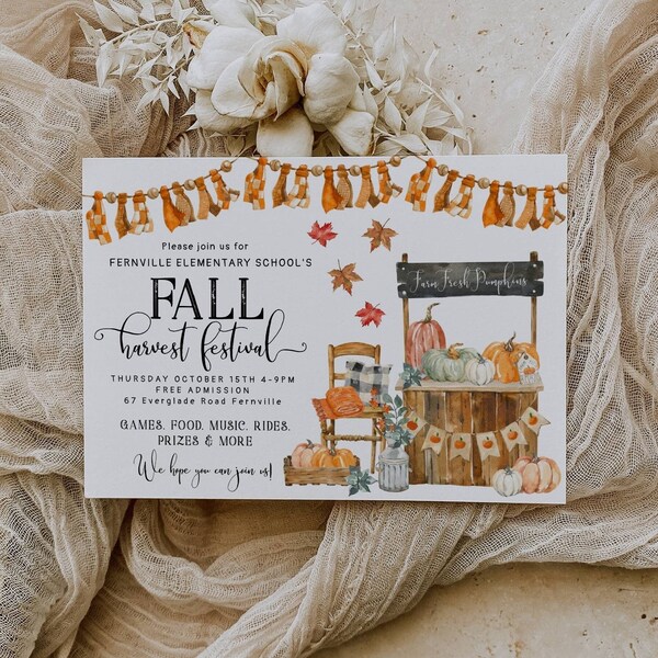 Fall Harvest Festival Invitation Template, Printable Fall Party Invite, Editable Rustic Autumn School Church Event Invite, Instant Download