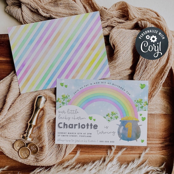 Rainbow Lucky Charm Birthday Invitation Template, Printable St Patrick's Day 1st Birthday Invite, Editable Girl Invite, Instant Download #PS