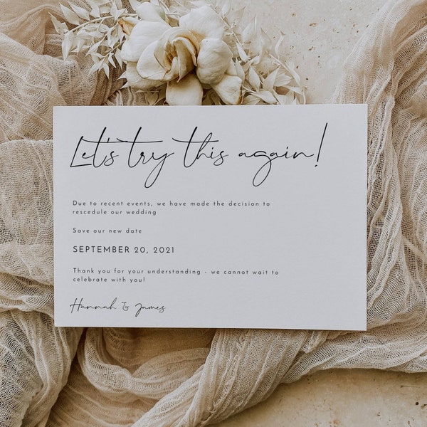 Minimalist Wedding Postponed Announcement Template, Printable Let's Try This Again, Editable Modern Postponement Card, Instant Download