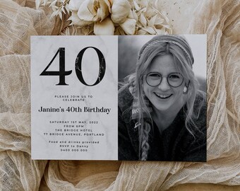 Editable Marble Birthday Photo Invitation Template, Printable Minimalist Invite, Monochrome 40th Invite, Any Age Party, Instant Download