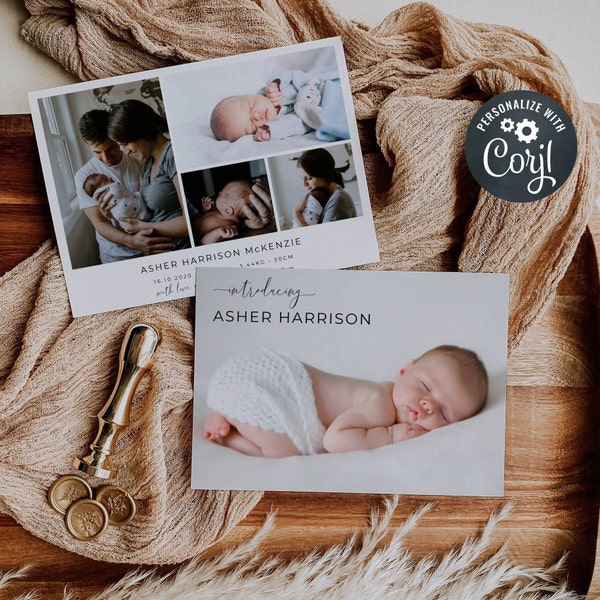 Foto geboortekaartje sjabloon, afdrukbare pasgeboren baby bedankkaart, bewerkbare minimalistische eenvoudige baby aankomst, direct downloaden