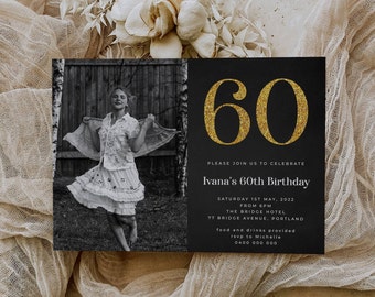 60th Birthday Photo Invitation Template, Printable Gold Glitter Sixty Invite, Editable 60th Party Invite, Any Age Birthday, Instant Download