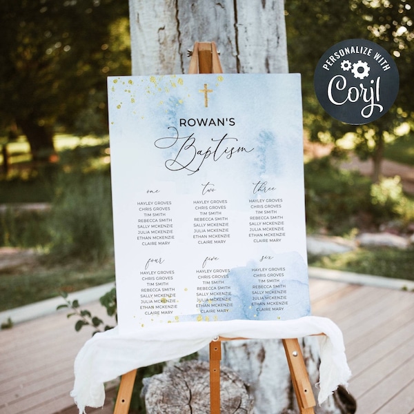 Blue & Gold Baptism Seating Plan Template, Printable Light Blue Watercolor Christening Sign, Religious Seating Chart, Instant Download, #BB