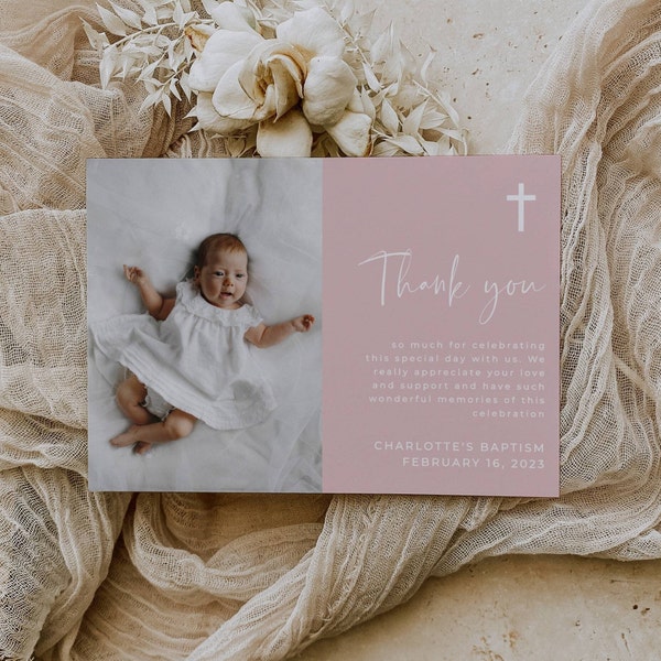 Blush Pink Modern Baptism Thank You Template, Printable Thank You Card, Editable Minimal Christening Photo Thanks, Instant Download, #BP