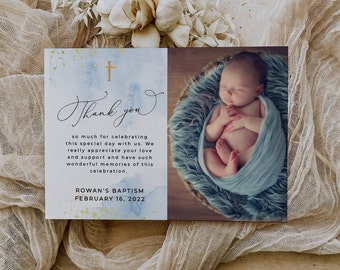 Blue & Gold Baptism Thank You Template, Printable Thank You Card, Editable Baby Light Blue Christening Photo Thanks, Instant Download, #BB