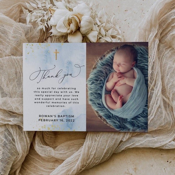 Blue & Gold Baptism Thank You Template, Printable Thank You Card, Editable Baby Light Blue Christening Photo Thanks, Instant Download, #BB