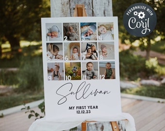 Editable Baby's First Year Photo Collage Template, Printable Modern Birthday Photo Sign, 12 Months Year In Pictures Board, Instant Download