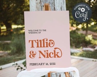 Retro Wedding Welcome Sign Template, Printable Vintage Wedding Sign, Editable Peach and Rust Welcome Poster, Instant Download, #VWP