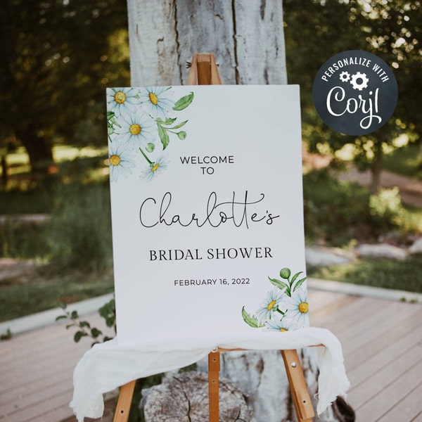 Daisy Bridal Shower Sign, Printable White Daisies Welcome Sign Template, Floral Bridal Shower Sign, White Flowers, Instant Download, #DT