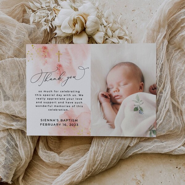 Blush Pink & Gold Baptism Thank You Template, Printable Thank You Card, Editable Baby Christening Photo Thank You, Instant Download, #PB