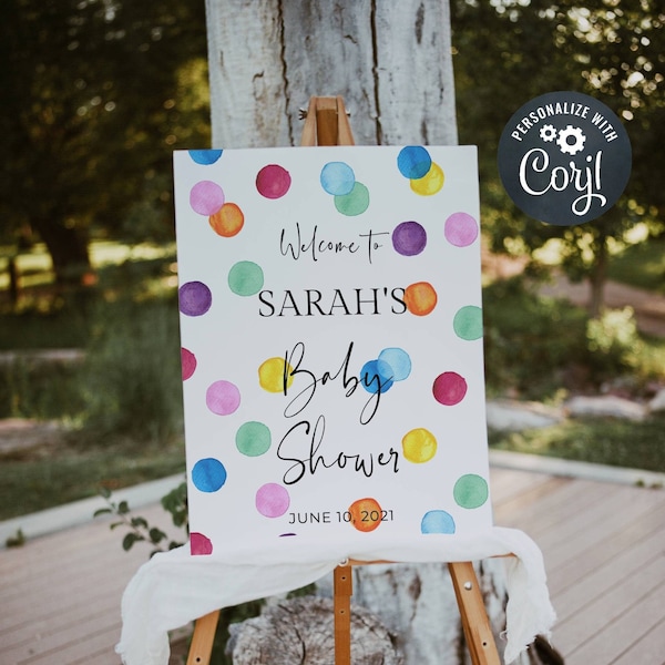 Rainbow Spots Baby Shower Welcome Sign Template, Printable Polkadot Welcome Poster, Gender Neutral, Confetti Dots, Instant Download, #RSB