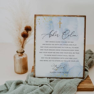 Baptism Prayer Sign Template, Printable Blue & Gold Personalized Christening Prayer Sign, Editable Dedication Gift, Instant Download, #BB