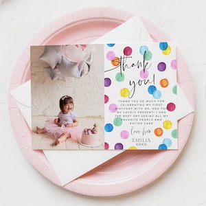 Rainbow Spots Birthday Photo Thank You Card Template, Printable First Birthday Thank You, Editable Party Thank You, Instant Download, #RSB