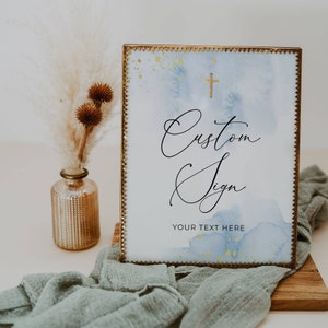 Blue & Gold Baptism Custom Sign Template, Printable Light Blue Watercolor Christening Editable Signs, Unlimited Signs, Instant Download, #BB