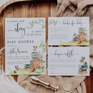Ensemble d'invitations pour baby shower livre d'histoires, suite de modèles de baby shower sur le thème livre imprimable, lot de douche non sexiste, téléchargement immédiat, #BT