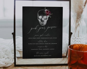 Halloween Skull Pick Your Poison Bar Menu Template, Printable Drinks Sign, Editable Floral Skull Spooky Cocktail List, Instant Download, #H6