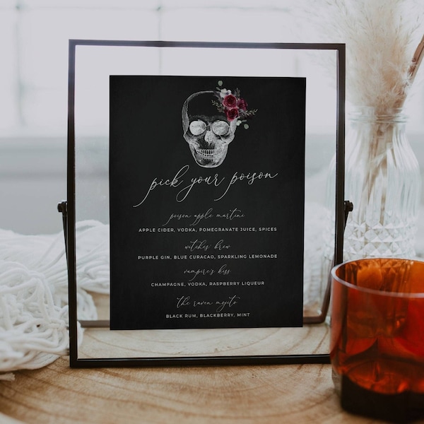 Halloween Skull Pick Your Poison Bar Menu Template, Printable Drinks Sign, Editable Floral Skull Spooky Cocktail List, Instant Download, #H6