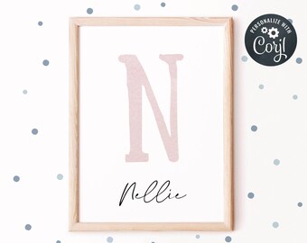 Printable Blush Pink Initial Print, Editable Letter Nursery Print, Pink Watercolor Personalized Kids Print, Nursery Decor, Instant Download