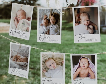 Eerste verjaardag foto banner sjabloon, bewerkbare baby's 1e jaar maandelijkse mijlpaalkaarten, afdrukbare moderne fotoslinger, Instant Download #B1