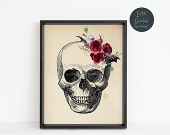 Halloween Floral Skull Printable Wall Art, Spooky Halloween Decor, Vintage Skull Halloween Print, Halloween Poster Sign, Instant Download