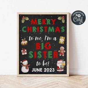 Christmas Big Sister Pregnancy Announcement Template, Printable December Holiday Baby Reveal, Editable Chalkboard Sign, Instant Download