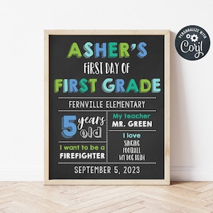 Editable First Day Of School Sign Template, Printable First Day Any Grade Sign, Boys Chalkboard Blue Back To School Sign, Instant Download