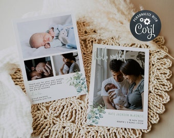 Greenery Baby Birth Announcement, Eucalyptus Newborn Cards with Photos, Printable Baby Thank You, Sage Green Hello World, Instant Download