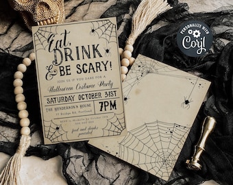 Eat Drink & Be Scary Halloween Invitation Template, Printable Adult Costume Party Invite, Editable Vintage Cobweb Invite, Instant Download