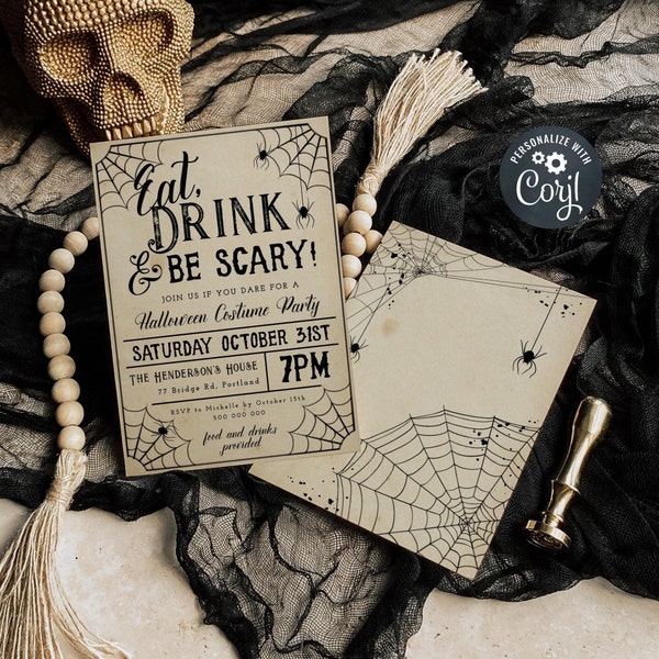 Eat Drink & Be Scary Halloween Invitation Template, Printable Adult Costume Party Invite, Editable Vintage Cobweb Invite, Instant Download