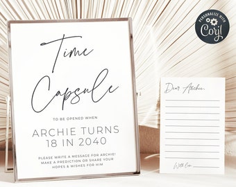 Modern 1st Birthday Time Capsule Template, Printable Minimalist First Birthday Guestbook Sign, Editable Capsule Card, Instant Download, #B1