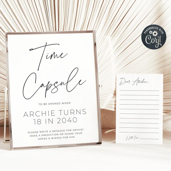 Modern 1st Birthday Time Capsule Template, Printable Minimalist First Birthday Guestbook Sign, Editable Capsule Card, Instant Download, #B1